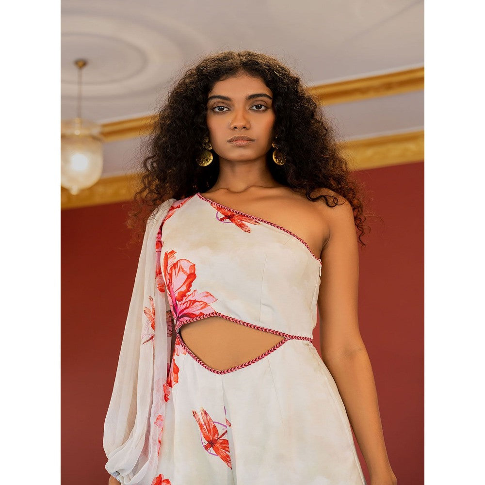 17 : 17 by Simmi Saboo Off White Dragon Fly Print One Shoulder Waist Cutout Jumpsuit