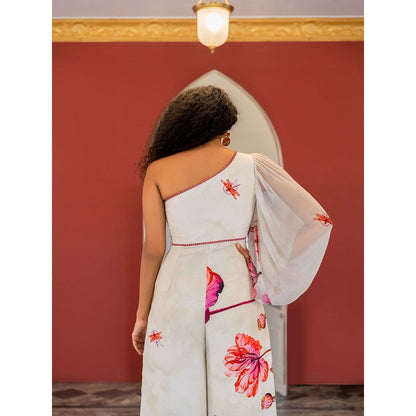 17 : 17 by Simmi Saboo Off White Dragon Fly Print One Shoulder Waist Cutout Jumpsuit