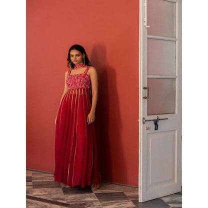 17 : 17 by Simmi Saboo Pink Mandala Anarkali & Pants with Choker Dupatta (Set of 3)