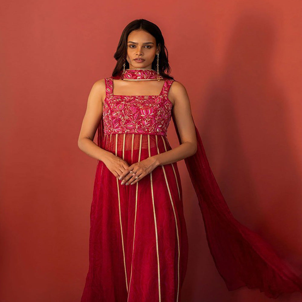 17 : 17 by Simmi Saboo Pink Mandala Anarkali & Pants with Choker Dupatta (Set of 3)