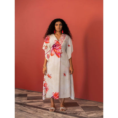 17 : 17 by Simmi Saboo Off White Dragonfly Print V-Neck Kaftan