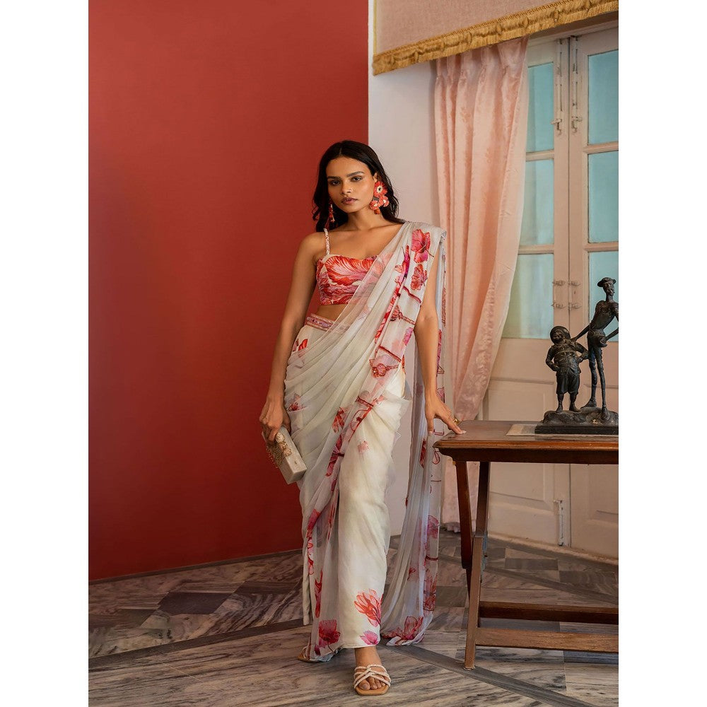 17 : 17 by Simmi Saboo Off White Dragonfly Plunge Neck Bustier with Pant Saree (Set of 2)