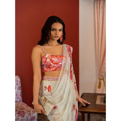 17 : 17 by Simmi Saboo Off White Dragonfly Plunge Neck Bustier with Pant Saree (Set of 2)