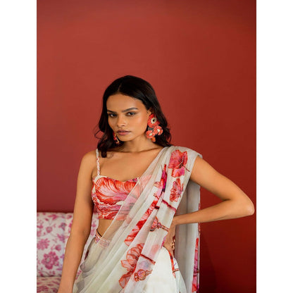 17 : 17 by Simmi Saboo Off White Dragonfly Plunge Neck Bustier with Pant Saree (Set of 2)