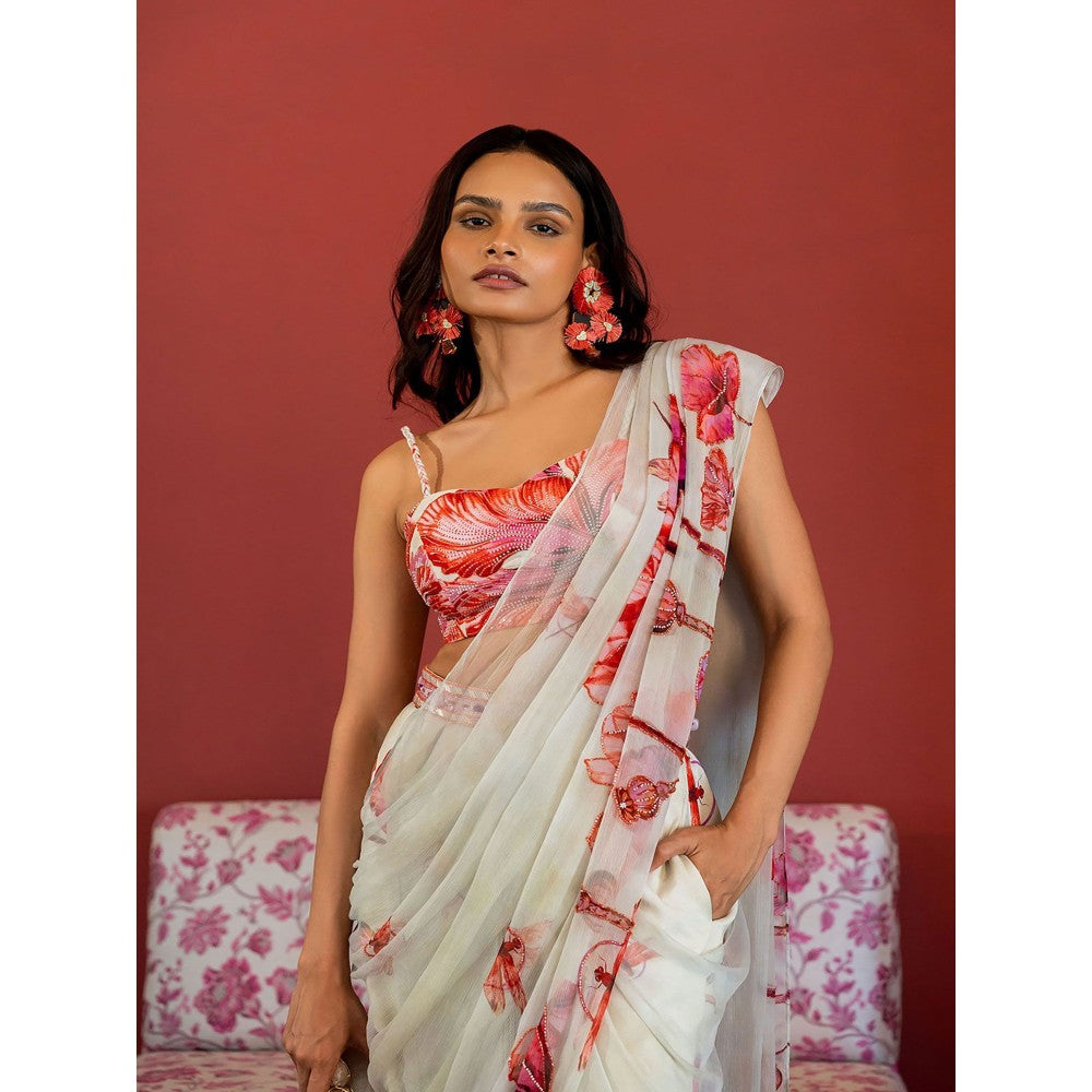 17 : 17 by Simmi Saboo Off White Dragonfly Plunge Neck Bustier with Pant Saree (Set of 2)
