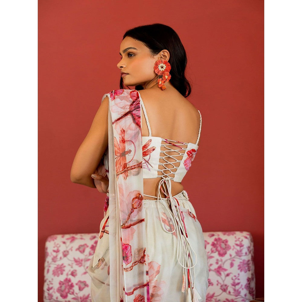 17 : 17 by Simmi Saboo Off White Dragonfly Plunge Neck Bustier with Pant Saree (Set of 2)