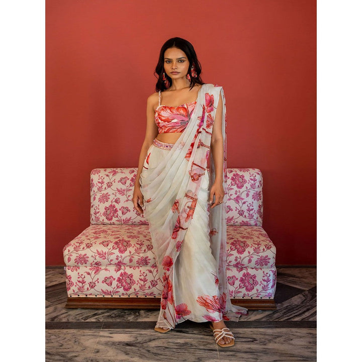 17 : 17 by Simmi Saboo Off White Dragonfly Plunge Neck Bustier with Pant Saree (Set of 2)