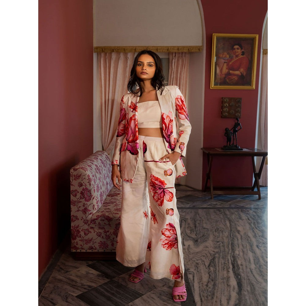 17 : 17 by Simmi Saboo Off White Dragonfly Print Bustier with Slit Pants & Blazer (Set of 3)