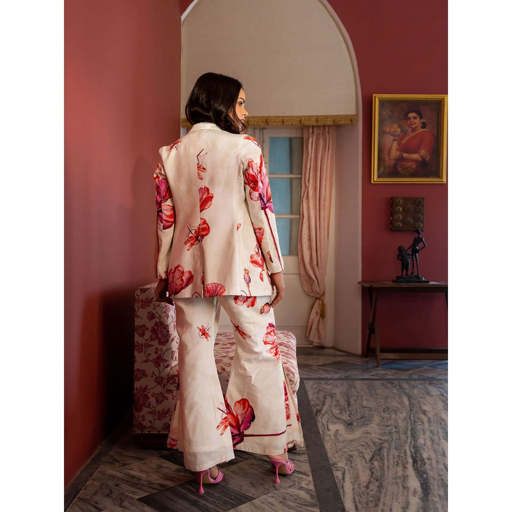 17 : 17 by Simmi Saboo Off White Dragonfly Print Bustier with Slit Pants & Blazer (Set of 3)