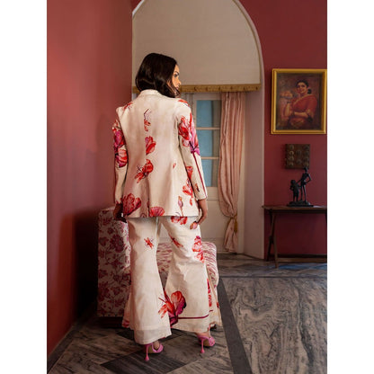 17 : 17 by Simmi Saboo Off White Dragonfly Print Bustier with Slit Pants & Blazer (Set of 3)