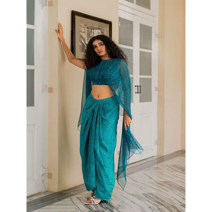 17 : 17 by Simmi Saboo Teal Mandala High-Low Top with Drape Skirt (Set of 2)
