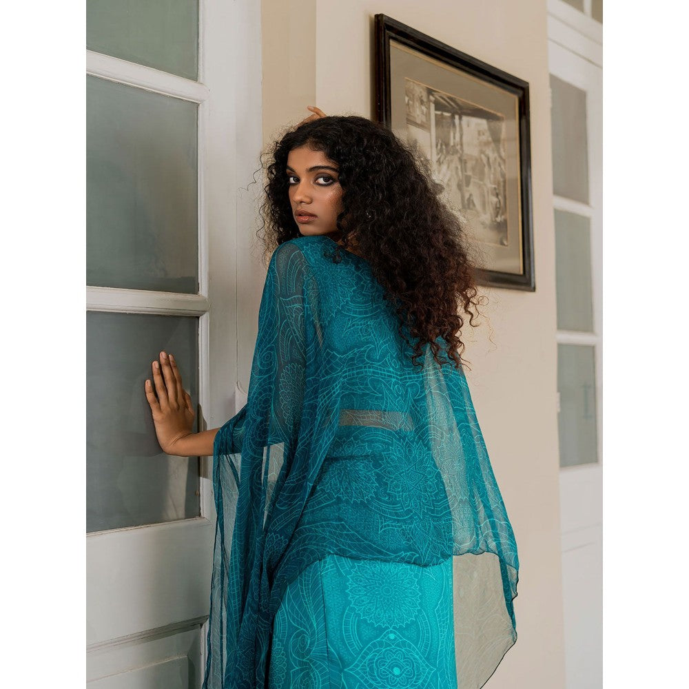 17 : 17 by Simmi Saboo Teal Mandala High-Low Top with Drape Skirt (Set of 2)