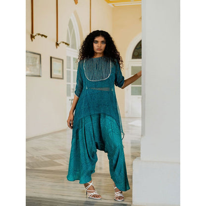 17 : 17 by Simmi Saboo Teal Mandala C-Cut Chiffon Kurta with Harem Pants (Set of 2)