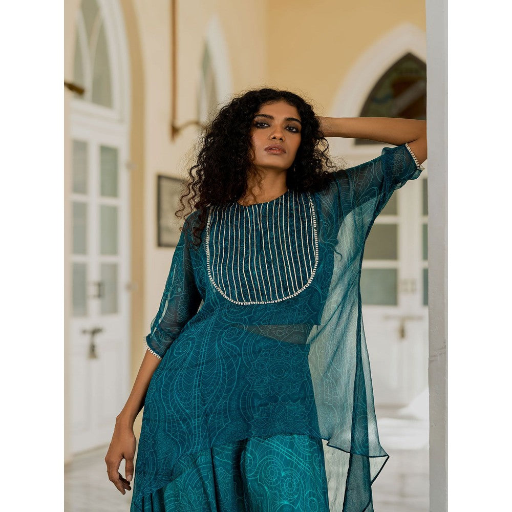 17 : 17 by Simmi Saboo Teal Mandala C-Cut Chiffon Kurta with Harem Pants (Set of 2)