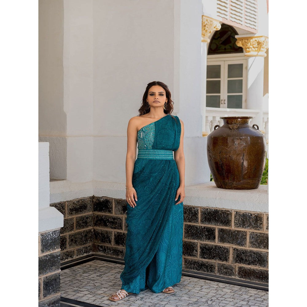 17 : 17 by Simmi Saboo Teal Mandala Half Yoke Drape Jumpsuit Embroidered Belt (Set of 2)