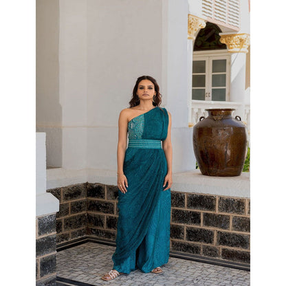 17 : 17 by Simmi Saboo Teal Mandala Half Yoke Drape Jumpsuit Embroidered Belt (Set of 2)