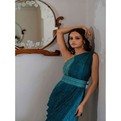 17 : 17 by Simmi Saboo Teal Mandala Half Yoke Drape Jumpsuit Embroidered Belt (Set of 2)