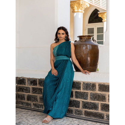 17 : 17 by Simmi Saboo Teal Mandala Half Yoke Drape Jumpsuit Embroidered Belt (Set of 2)