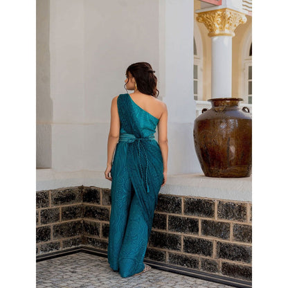 17 : 17 by Simmi Saboo Teal Mandala Half Yoke Drape Jumpsuit Embroidered Belt (Set of 2)