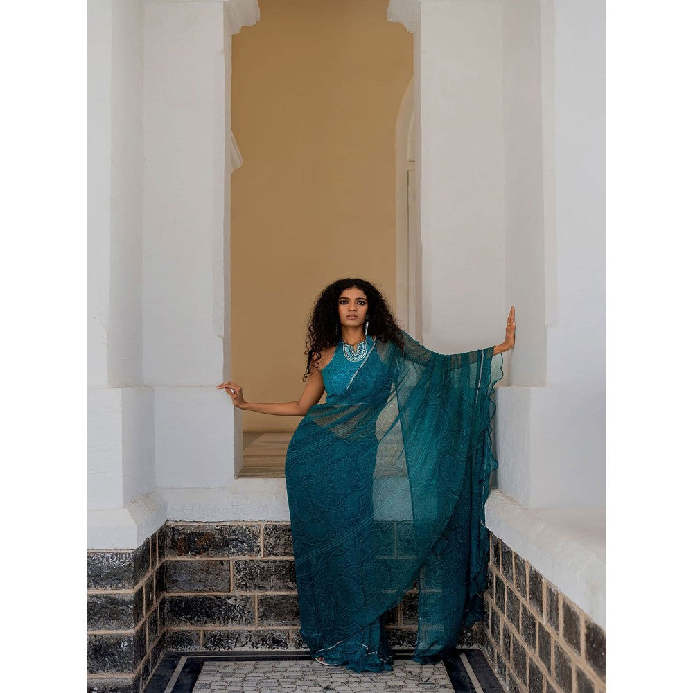17 : 17 by Simmi Saboo Teal Mandala Ruffle Saree with Embroidered Stitched Blouse