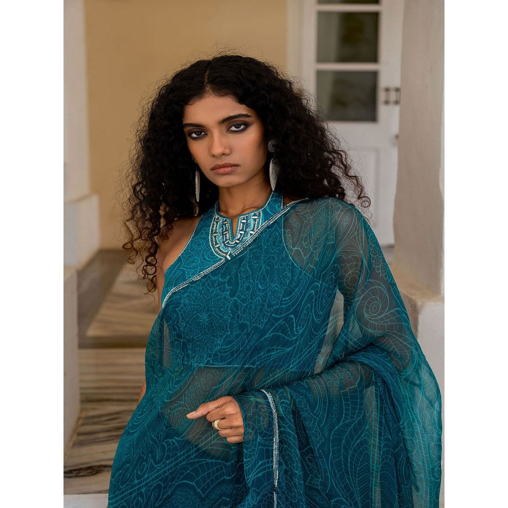 17 : 17 by Simmi Saboo Teal Mandala Ruffle Saree with Embroidered Stitched Blouse