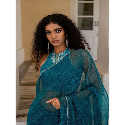 17 : 17 by Simmi Saboo Teal Mandala Ruffle Saree with Embroidered Stitched Blouse