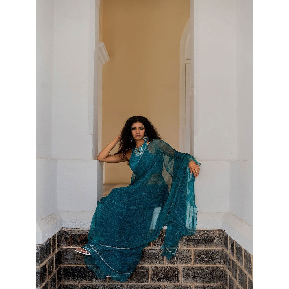 17 : 17 by Simmi Saboo Teal Mandala Ruffle Saree with Embroidered Stitched Blouse