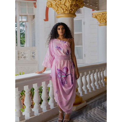 17 : 17 by Simmi Saboo Lilac Dragonfly Cowl Dress with Braid Strap Belt (Set of 2)