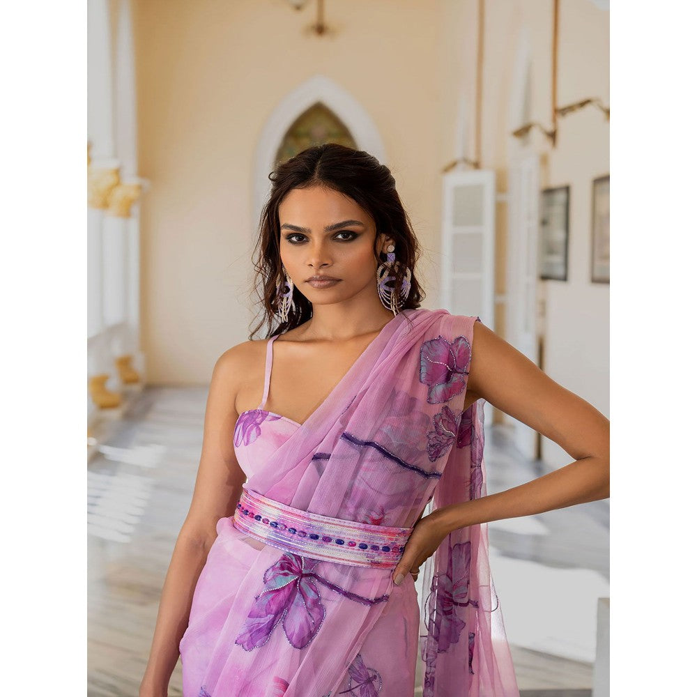 17 : 17 by Simmi Saboo Lilac Dragonfly Saree with Embroidered Belt & Stitched Blouse