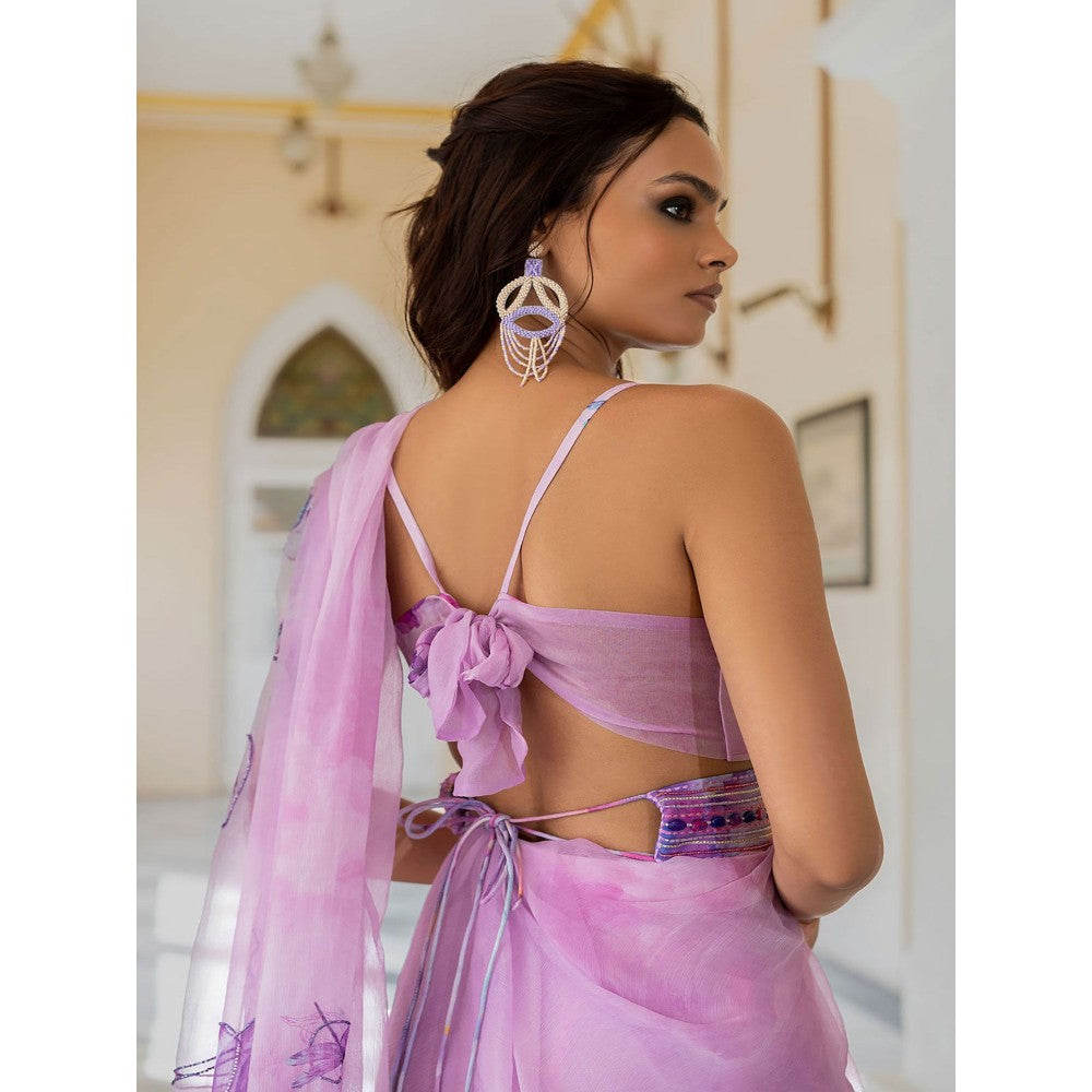 17 : 17 by Simmi Saboo Lilac Dragonfly Saree with Embroidered Belt & Stitched Blouse