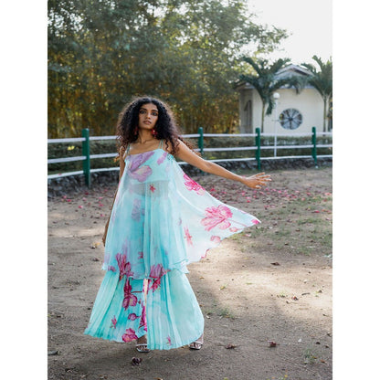 17 : 17 by Simmi Saboo Sky Blue Dragonfly Bustier with Flap Kurta & Pleats Palazzo (Set of 3)