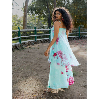 17 : 17 by Simmi Saboo Sky Blue Dragonfly Bustier with Flap Kurta & Pleats Palazzo (Set of 3)