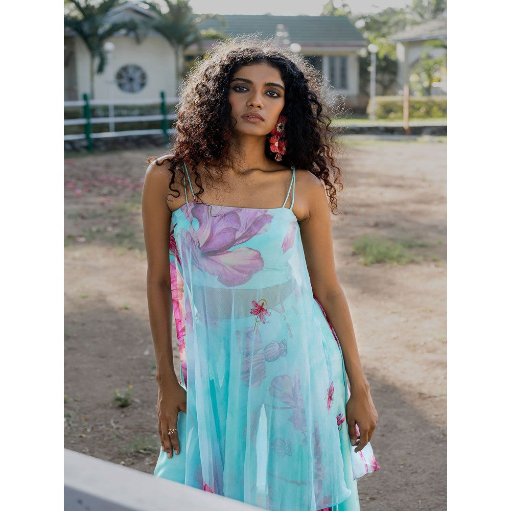 17 : 17 by Simmi Saboo Sky Blue Dragonfly Bustier with Flap Kurta & Pleats Palazzo (Set of 3)