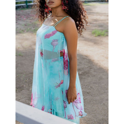 17 : 17 by Simmi Saboo Sky Blue Dragonfly Bustier with Flap Kurta & Pleats Palazzo (Set of 3)