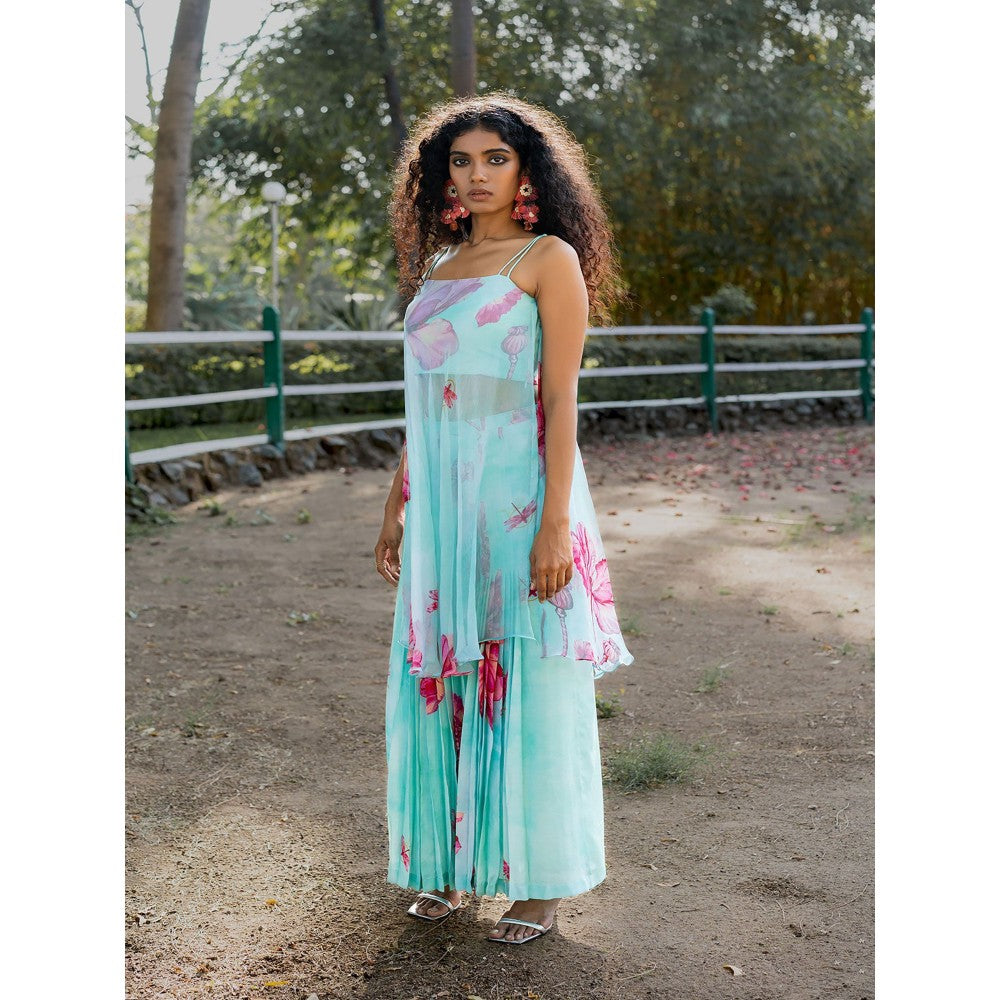 17 : 17 by Simmi Saboo Sky Blue Dragonfly Bustier with Flap Kurta & Pleats Palazzo (Set of 3)