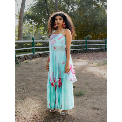 17 : 17 by Simmi Saboo Sky Blue Dragonfly Bustier with Flap Kurta & Pleats Palazzo (Set of 3)