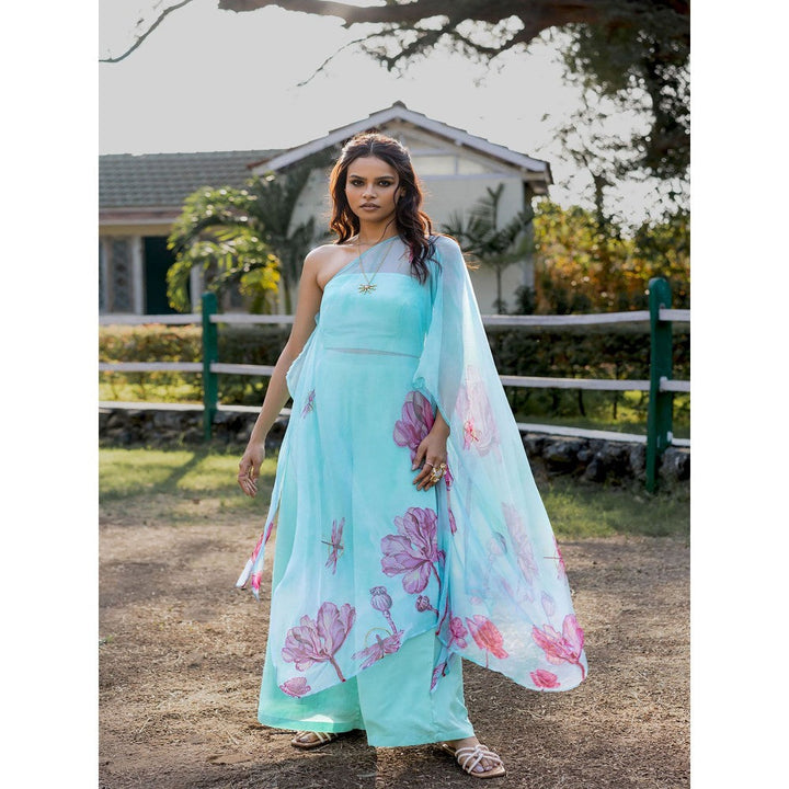 17 : 17 by Simmi Saboo Sky Blue Dragonfly Tube with Palazzo & One Shoulder Drape (Set of 3)