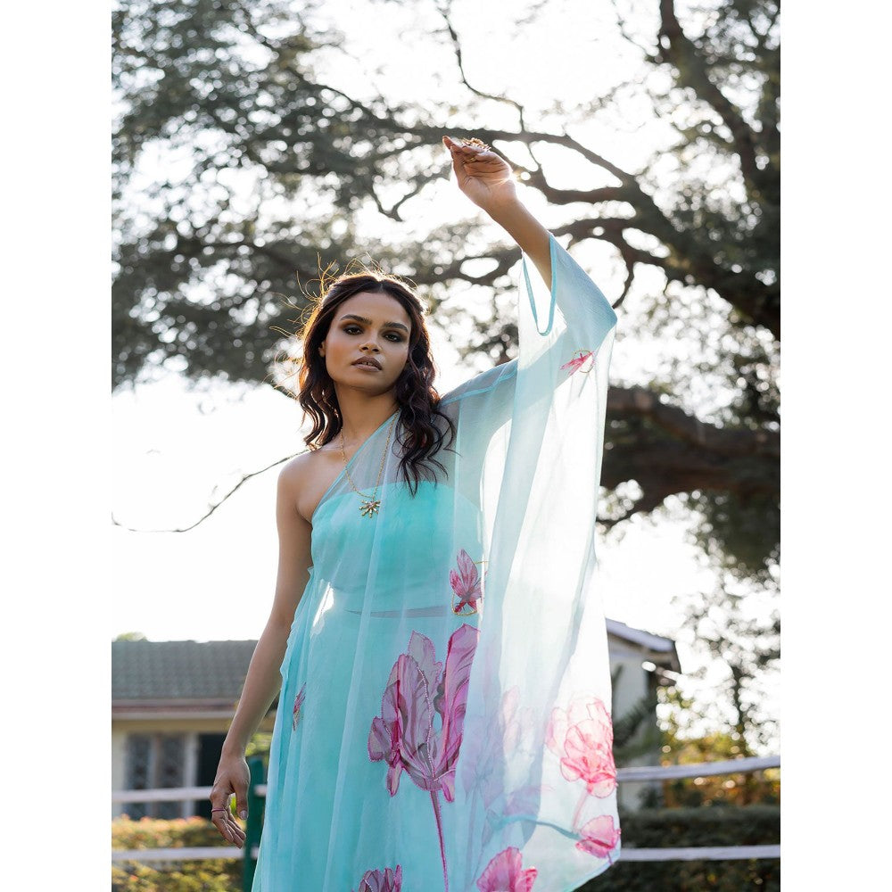 17 : 17 by Simmi Saboo Sky Blue Dragonfly Tube with Palazzo & One Shoulder Drape (Set of 3)