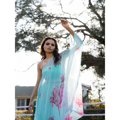 17 : 17 by Simmi Saboo Sky Blue Dragonfly Tube with Palazzo & One Shoulder Drape (Set of 3)