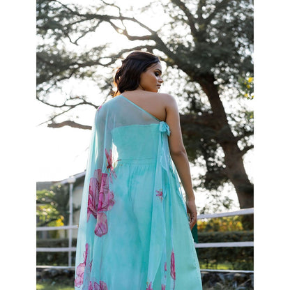 17 : 17 by Simmi Saboo Sky Blue Dragonfly Tube with Palazzo & One Shoulder Drape (Set of 3)