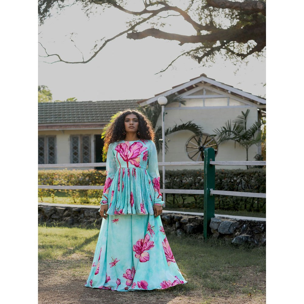 17 : 17 by Simmi Saboo Sky Blue Dragonfly Print Embroidered Peplum with Gharara (Set of 2)