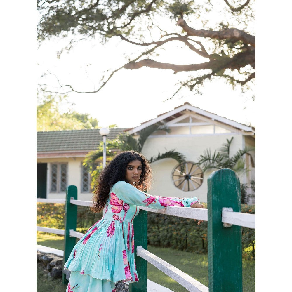 17 : 17 by Simmi Saboo Sky Blue Dragonfly Print Embroidered Peplum with Gharara (Set of 2)