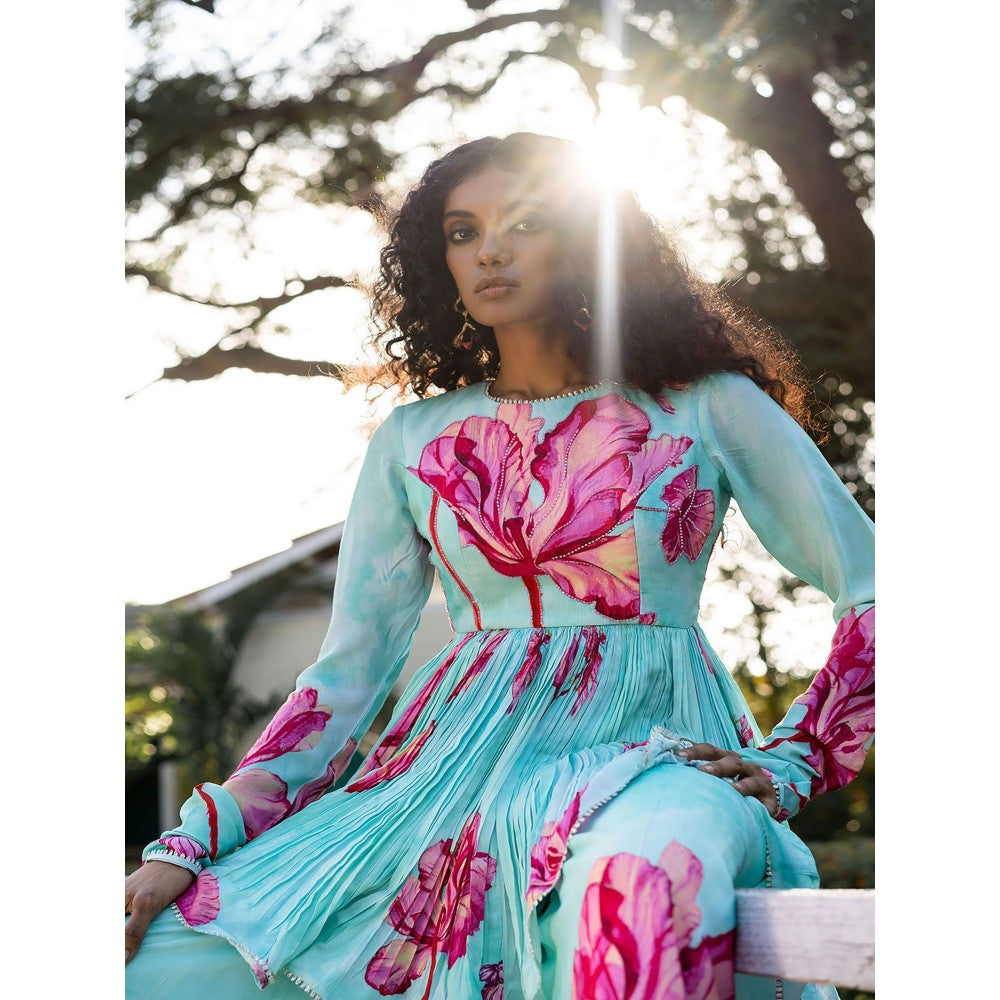 17 : 17 by Simmi Saboo Sky Blue Dragonfly Print Embroidered Peplum with Gharara (Set of 2)