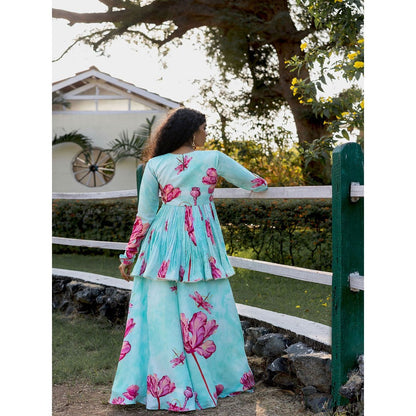 17 : 17 by Simmi Saboo Sky Blue Dragonfly Print Embroidered Peplum with Gharara (Set of 2)