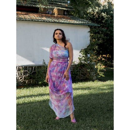 17 : 17 by Simmi Saboo Purple Ombre Tube One Shoulder Cowl Dress Embroidered Belt (Set of 2)