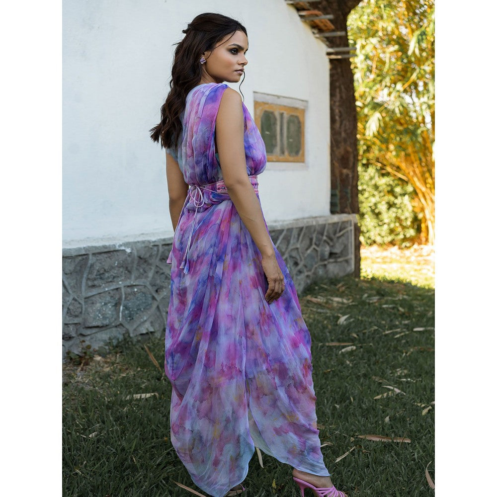 17 : 17 by Simmi Saboo Purple Ombre Tube One Shoulder Cowl Dress Embroidered Belt (Set of 2)