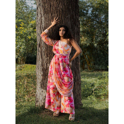 17 : 17 by Simmi Saboo Red Ombre One Shoulder Jumpsuit with Drape Embroidered Belt (Set of 2)