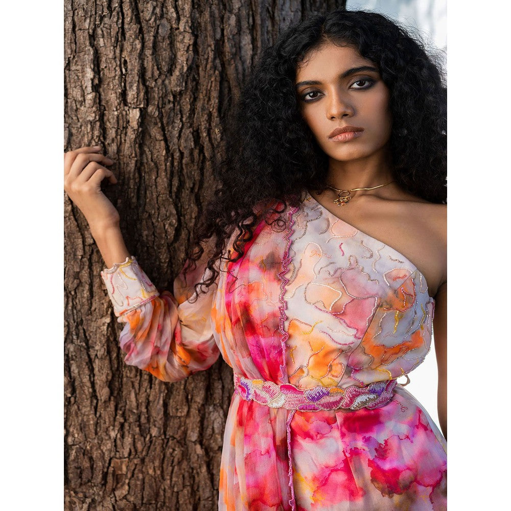 17 : 17 by Simmi Saboo Red Ombre One Shoulder Jumpsuit with Drape Embroidered Belt (Set of 2)