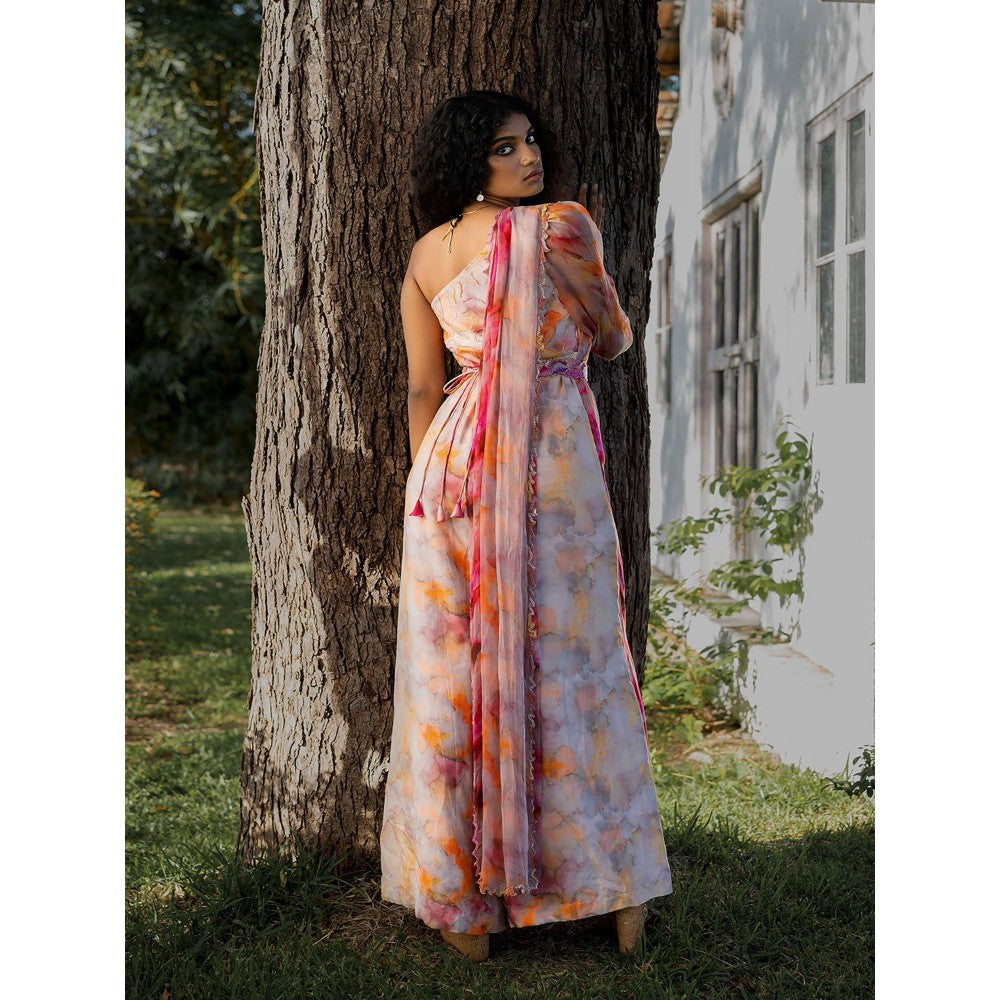 17 : 17 by Simmi Saboo Red Ombre One Shoulder Jumpsuit with Drape Embroidered Belt (Set of 2)