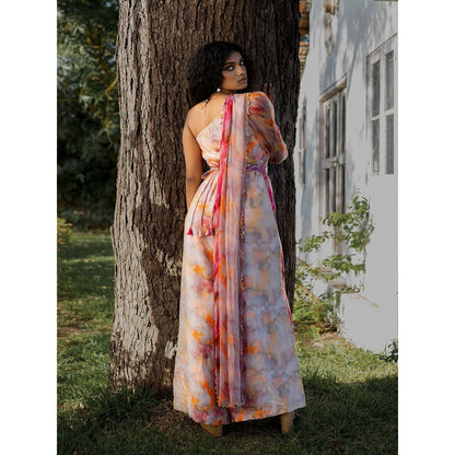 17 : 17 by Simmi Saboo Red Ombre One Shoulder Jumpsuit with Drape Embroidered Belt (Set of 2)